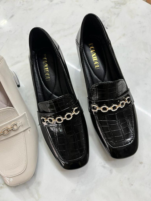 Women Loafer With Crystal Embedded Gold Chain